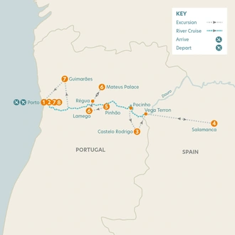 tourhub | Riviera Travel | Highlights of the Douro Valley & Salamanca River Cruise - MS Porto Mirante | Tour Map