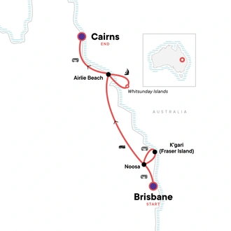 tourhub | G Adventures | Brisbane to Cairns Experience: Sand Dunes & the Whitsundays | Tour Map