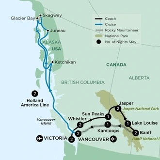 tourhub | APT | Reflections of the Rockies and Alaska Cruise | Tour Map