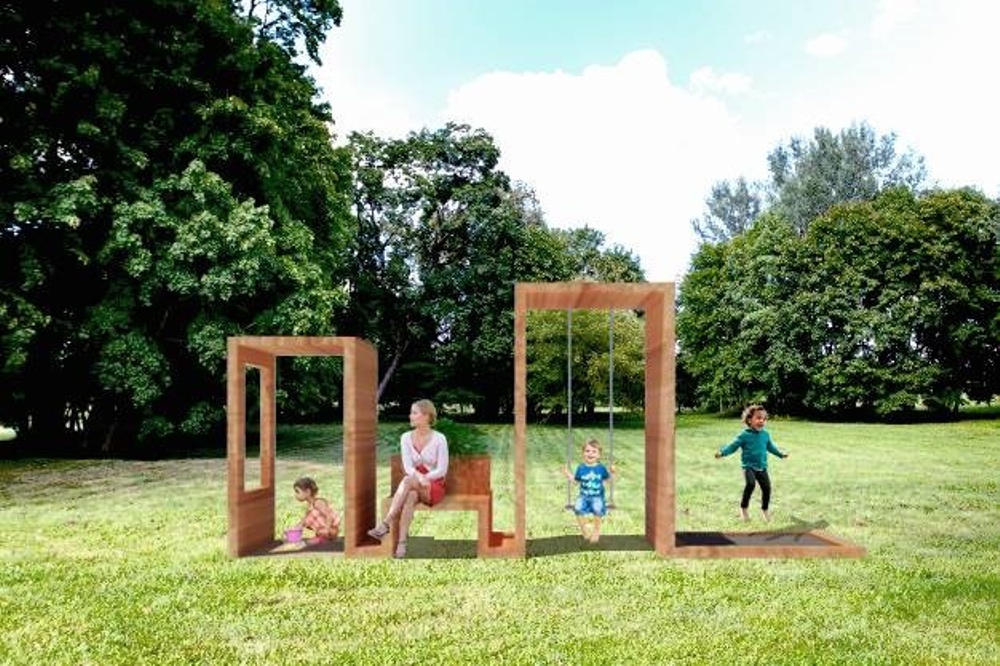Vinnande bidrag utmaning Kvadratsmart mötesplats. Ett barn gungar och ett barn leker i avskilda men öppna trärektanglar som står i en park, medan en kvinna sitter på en bänk mellan.