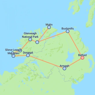 tourhub | On The Go Tours | Northern Ireland & County Donegal (Hotel) - 4 days | Tour Map