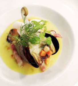 Fricassée of John Dory, mussels, baby artichokes 'Barigoule'
