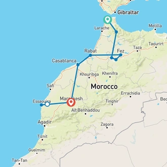 tourhub | Best Tours Morocco | Private Moroccan Adventure: Tangier, Chefchaouen, Fes, Essaouira, and Marrakech | Tour Map