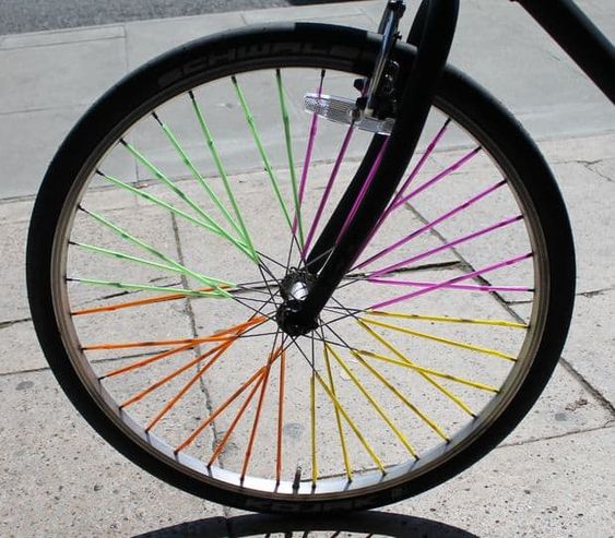 bike wheel with multi-coloured spokes