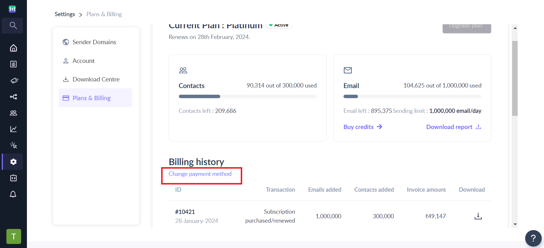 How to change the payment method in Mailmodo?