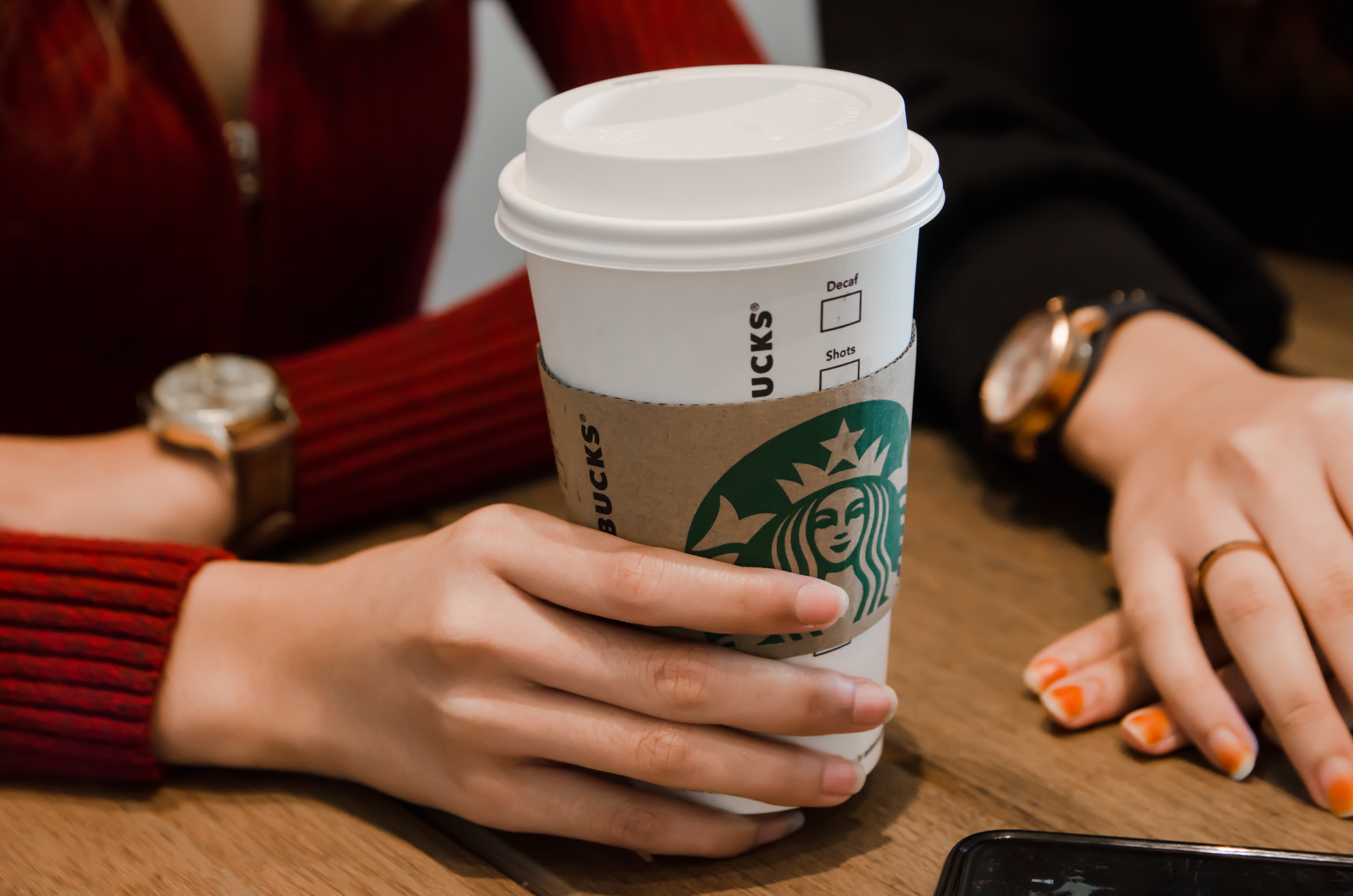 woman holding Starbucks drink 