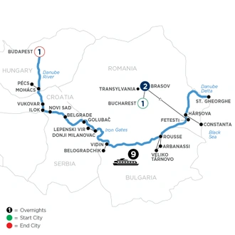 tourhub | Avalon Waterways | The Danube from Romania to Budapest with 1 Night in Bucharest, 2 Nights in Transylvania & 1 Night in Budapest (Passion) | Tour Map