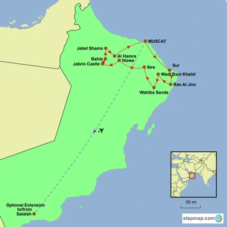 tourhub | Undiscovered Destinations | Oman - From the Desert to the Coast | Tour Map
