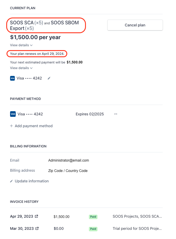 SOOS billing page indicating current plan selection and subscription renewal date