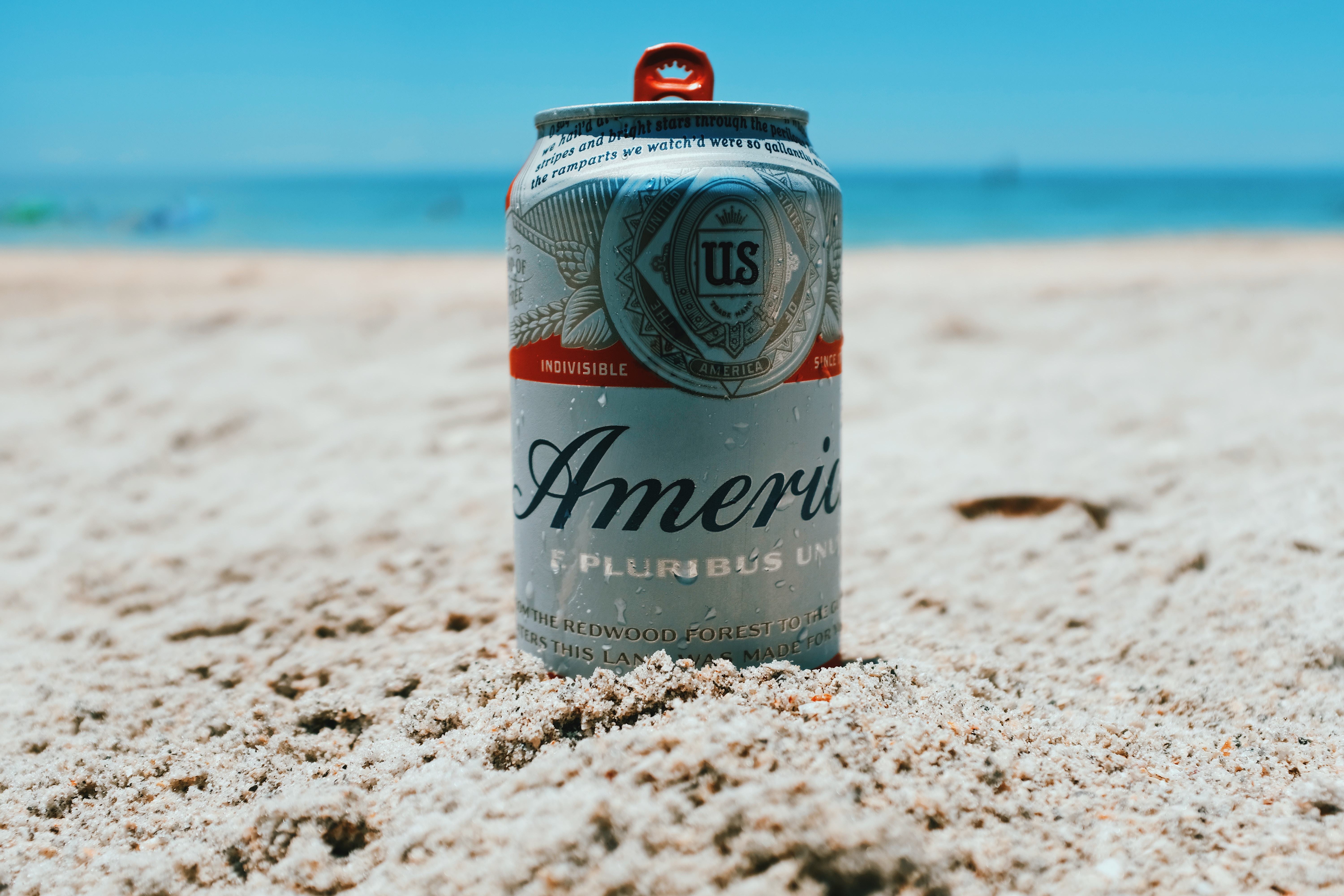 America Budweiser beer can on white sand against the blurred ocean 