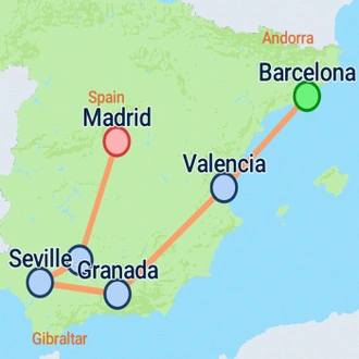 tourhub | On The Go Tours | Barcelona to Andalusia & Madrid - 9 days  | Tour Map