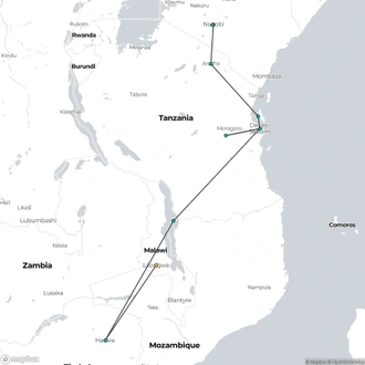 tourhub | Oasis Overland | Nairobi To Harare (22 Days) Savanna Dawn | Tour Map