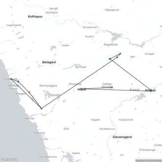 tourhub | Agora Voyages | Hubli to Hampi, Badami, Anshi National Park & Goa Beach Tour | Tour Map