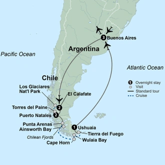 tourhub | Collette | Patagonia: Edge of the World featuring Argentina, Chile, and a 4-Night Patagonia Cruise | Tour Map