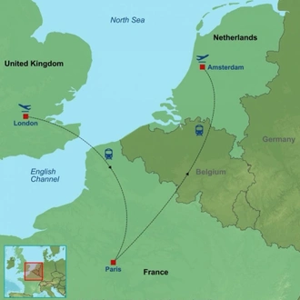 tourhub | Indus Travels | London Paris and Amsterdam City Package | Tour Map