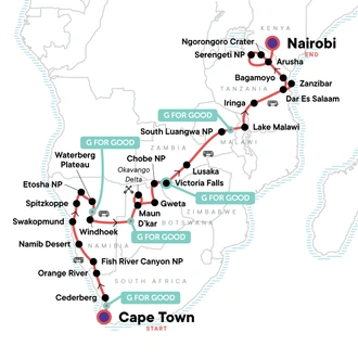 tourhub | G Adventures | Cape Town to Nairobi Overland Safari | Tour Map