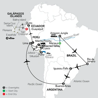tourhub | Cosmos | Ultimate South America with Brazil's Amazon & Galapagos Cruise | Tour Map