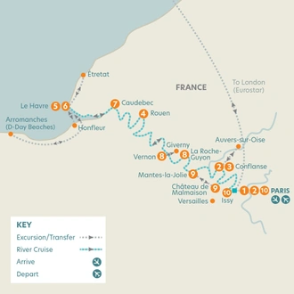 tourhub | Riviera Travel | Paris, Normandy & Historic Treasures of the Seine River Cruise - MS Jane Austen | Tour Map