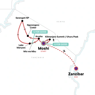 tourhub | G Adventures | Kilimanjaro, Serengeti & Zanzibar | Tour Map