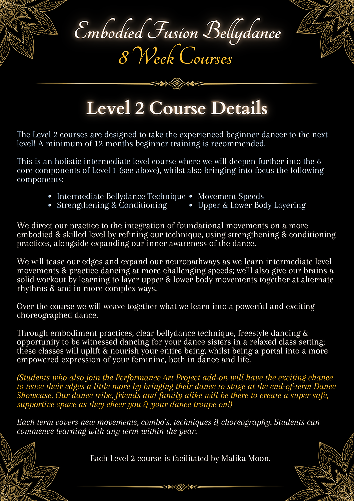 Embodied Fusion Bellydance 8 week course menu level 2 details