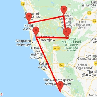 tourhub | Agora Voyages | Kerala Tea Estate, Backwater & Kovalam Beach Tour | Tour Map