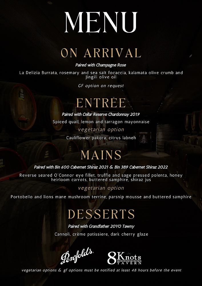 Penfolds Wine Dinner at 8 Knots Tavern Menu