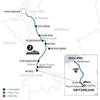tourhub | Avalon Waterways | Romantic Rhine with 2 Nights in Lucerne (Northbound) (Illumination) | Tour Map