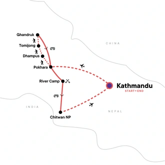 tourhub | G Adventures | Nepal: Annapurna Hiking, Rafting and Chitwan National Park | Tour Map