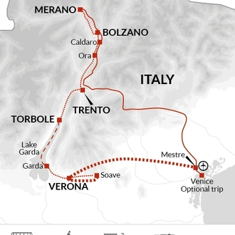 tourhub | Explore! | Cycle Dolomites, Lake Garda and Venice | Tour Map