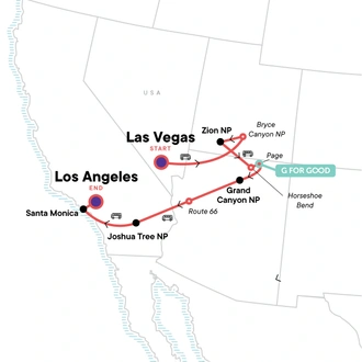 tourhub | G Adventures | Southwest Road Trip: Zion, the Grand Canyon & Santa Monica Sunsets | Tour Map