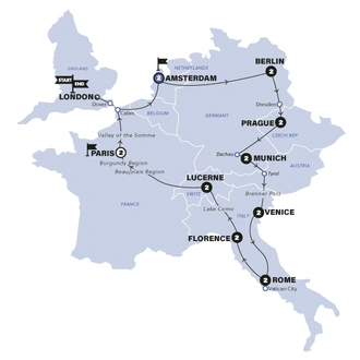 tourhub | Contiki | European Whirl (From 2025) | Start Amsterdam | Plus | Tour Map