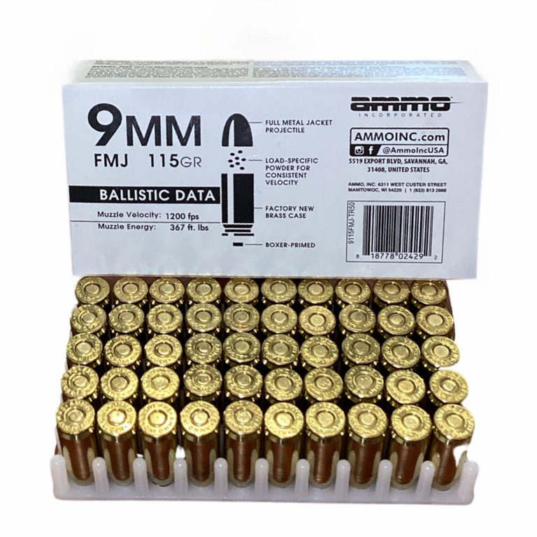 Ammo Inc 9mm 115 Grain FMJ Brass Casing- 50 Round Box-img-0