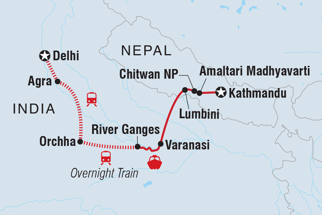 tourhub | Intrepid Travel | Delhi to Kathmandu | Tour Map