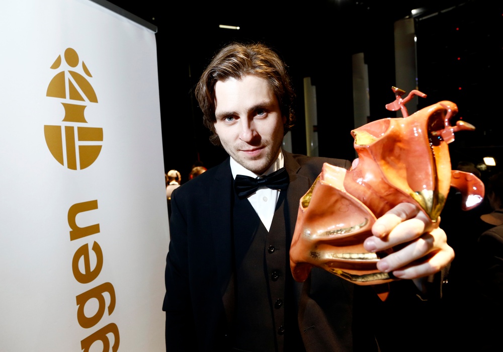 Sverrir Gudnason på galan 2015, där han mottog Guldbaggen för Bästa manliga huvudroll för Flugparken. Foto: Patrik Österberg