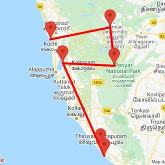 tourhub | Agora Voyages | Kerala Tea Estate, Backwater & Kovalam Beach Private Tour | Tour Map