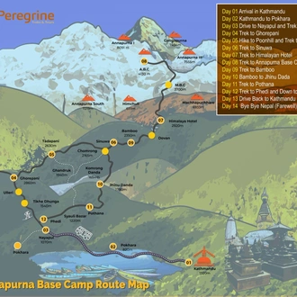 tourhub | Peregrine Treks and Tours | Annapurna Base Camp Trek - 13 Days | Tour Map