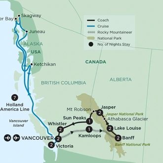 tourhub | APT | Rockies Odyssey and Alaska Cruise | Tour Map