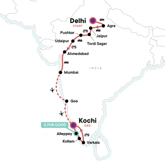 tourhub | G Adventures | North to South India: The Taj Mahal & Coa Good Times | Tour Map
