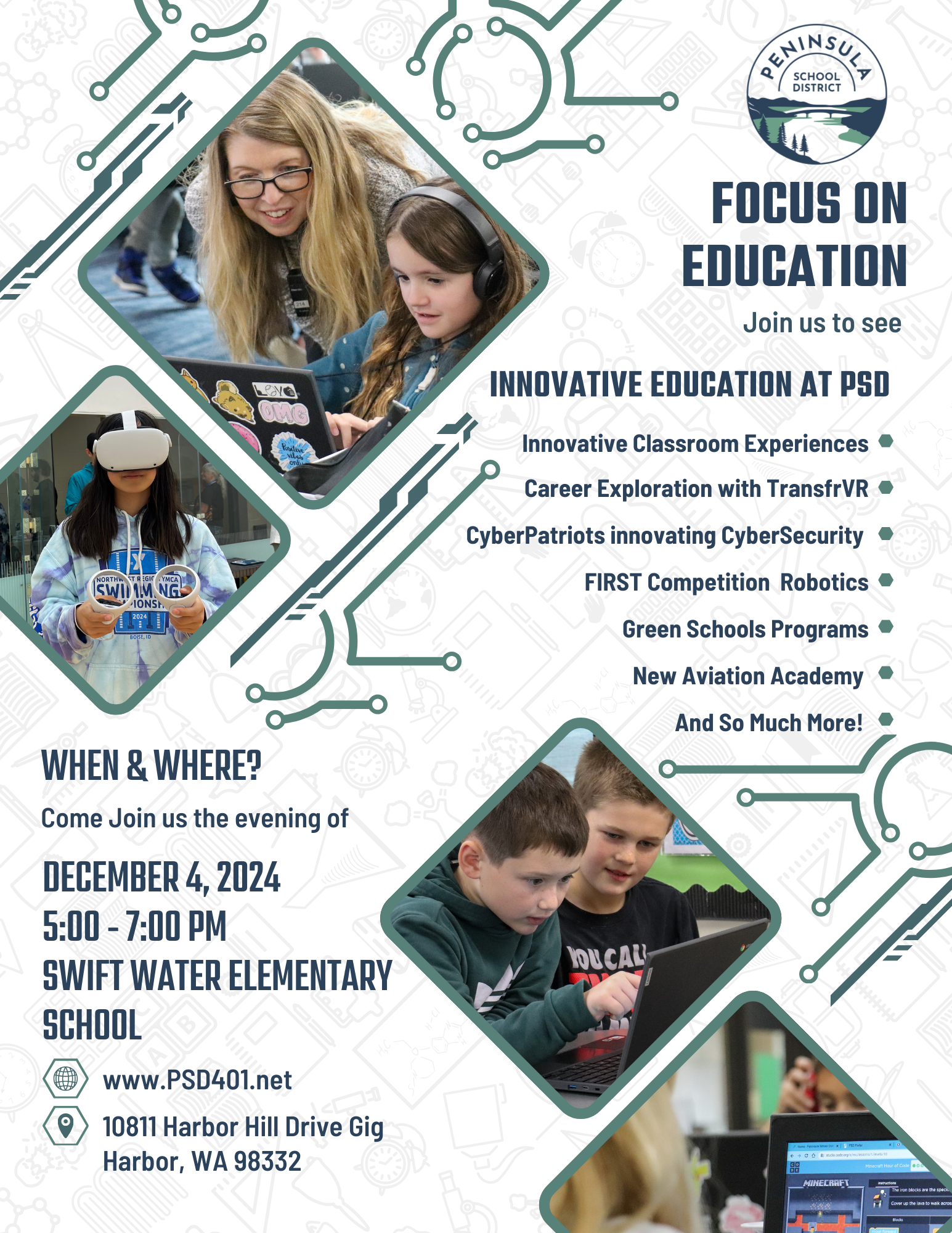 Flyer for Peninsula School District's 'Focus on Education' event showcasing innovative education programs. The flyer features the PSD logo and photos of students and teachers engaged in technology-based activities, including virtual reality and computer work. The event highlights include: Innovative Classroom Experiences, Career Exploration with TransfrVR, CyberPatriots innovating CyberSecurity, FIRST Competition Robotics, Green Schools 