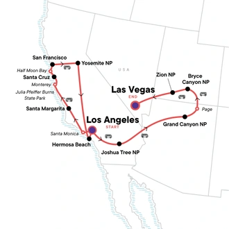 tourhub | G Adventures | USA Road Trip — Highway 1, Yosemite & Utah | Tour Map