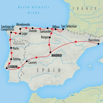 tourhub | On The Go Tours | Barcelona to Gastronomic Spain & Portugal - 18 days | Tour Map