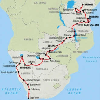 tourhub | On The Go Tours | The Big Overlander Northbound - 41 days  | Tour Map