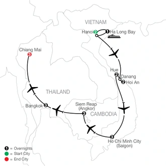 tourhub | Globus | Alluring Vietnam & the Temples of Angkor with Bangkok & Chiang Mai | Tour Map