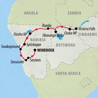 tourhub | On The Go Tours | Chobe, Okavango & Etosha - 14 days | Tour Map