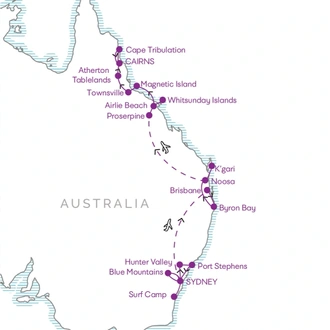 tourhub | U. | 22-Days Ultimate East Coast Australia Adventure - Sun, Sand, & Surf - Koala's, Kangaroo's & Cocktails! | Tour Map