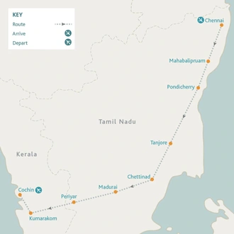 tourhub | Riviera Travel | Southern India's Coastal Route: Tamil Nadu to Kerala | Tour Map