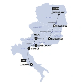 tourhub | Contiki | Warsaw to Rome Vistas | Summer | 2025 | Tour Map