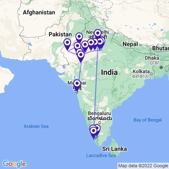 tourhub | Panda Experiences | North India Tour with Kerala | Tour Map