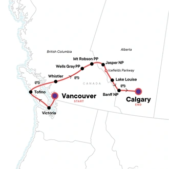 tourhub | G Adventures | Canadian Rockies: National Parks Eastbound | Tour Map