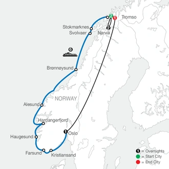 tourhub | Globus | The Magic of the Arctic Circle and the North Cape Express Hurtigruten Cruise | Tour Map